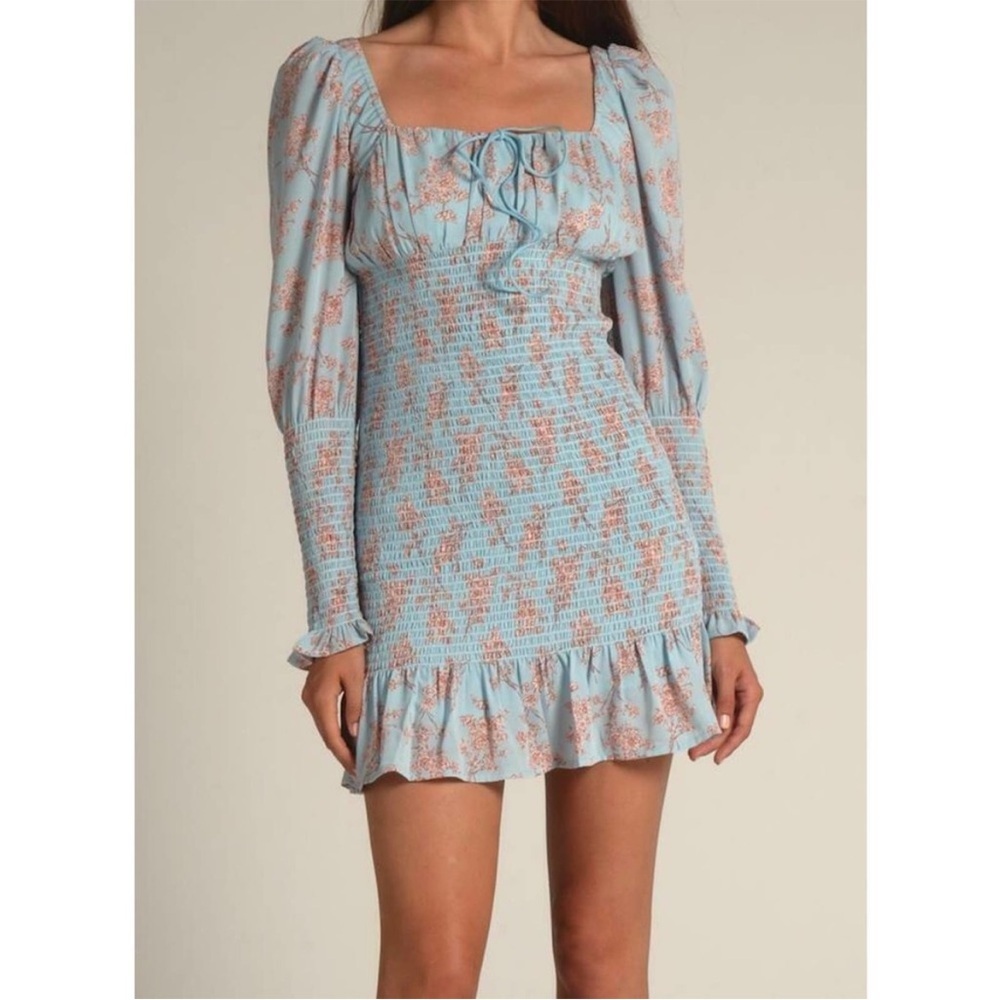 Cistar New York All Over Smocked Floral Mini Dress‎ Peasant Blue NWT Size small